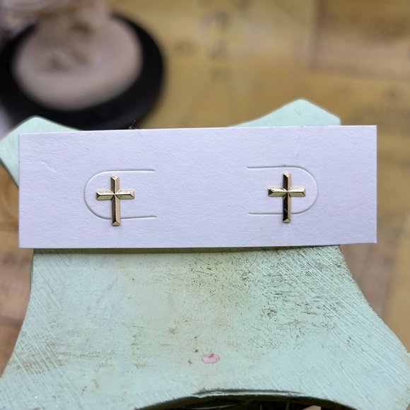 Vintage 14K Yellow Tiny Cross Pierced Stud Earrings - Picture 2 of 7